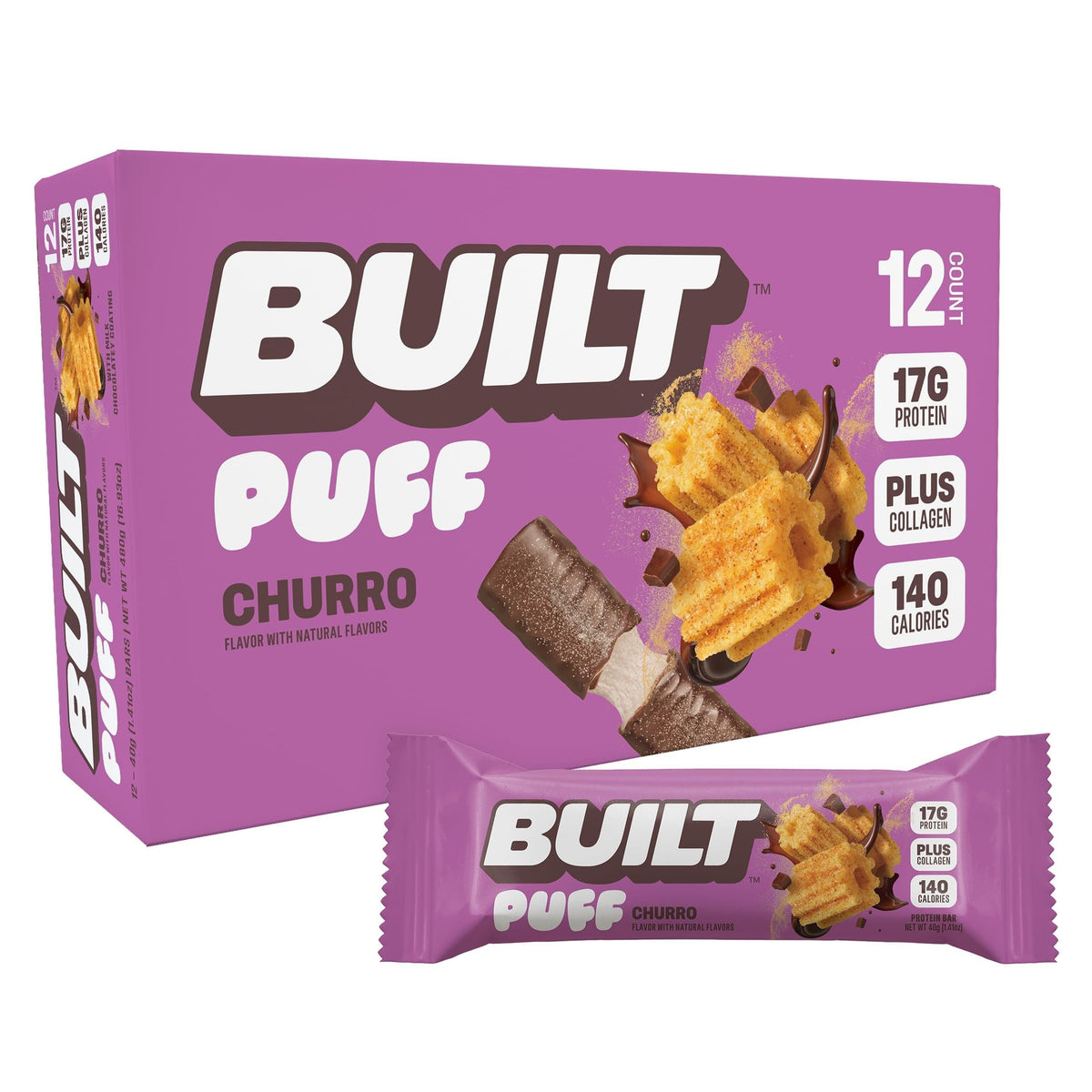 ThayerBUILT Puff Protein Bar, Churro Flavor, 1.41oz, 12 Bars, Box Packaging, Individually Wrapped Crispy Texture On-the-Go Snack