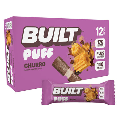 ThayerBUILT Puff Protein Bar, Churro Flavor, 1.41oz, 12 Bars, Box Packaging, Individually Wrapped Crispy Texture On-the-Go Snack