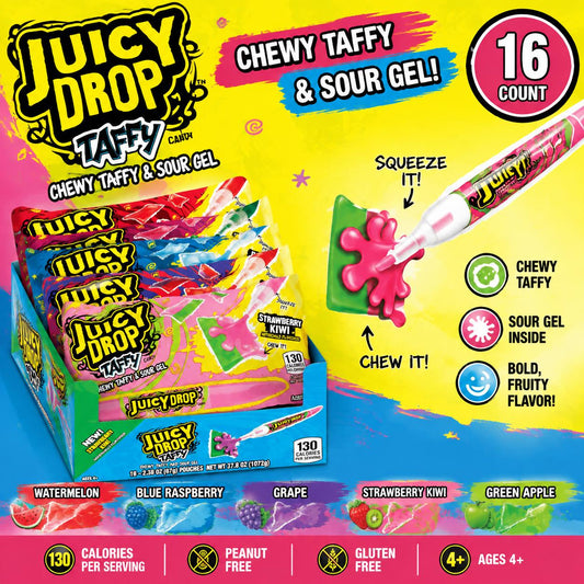 Topps Juicy Drop Taffy with Sour Gel Pen, 2.36oz Individual Packs, 16-Count Chewy Interactive Candy Treats