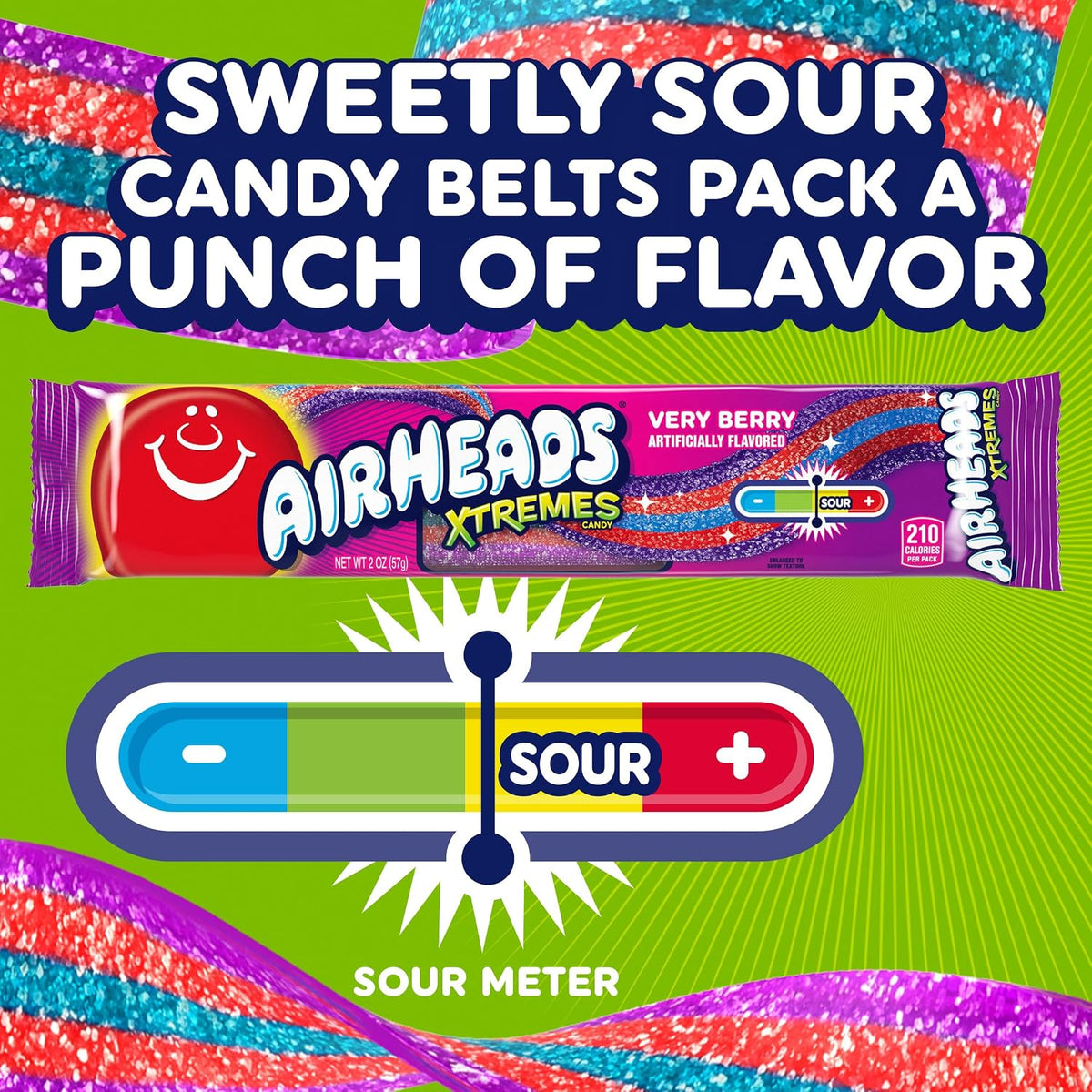 Airheads Xtremes Very Berry Special Edition Candies - 2oz, 18-Count Sweet & Sour Tangy Sugar Candy Belts, Soft Chewy Berry Strips, Tray Packaging