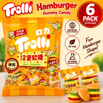 Trolli Imported Fruity Hamburger Chewy Soft Sweet Gummy Candies, 3.8 oz Peg Bags, 6-Count 6-Packs Fun-Shaped Snacks