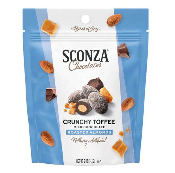 Sconza Crunchy Toffee Milk Chocolate Almonds 5 oz 6 Count Peg Bag Premium Chocolate Nut Snack