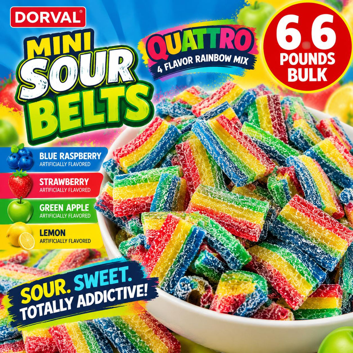 Dorval Mini Sour Belts, Quattro 4-Flavor Rainbow Mix Sugar-Based Chewy Candy Snacks, 6.6 lbs Bulk Sour Strips