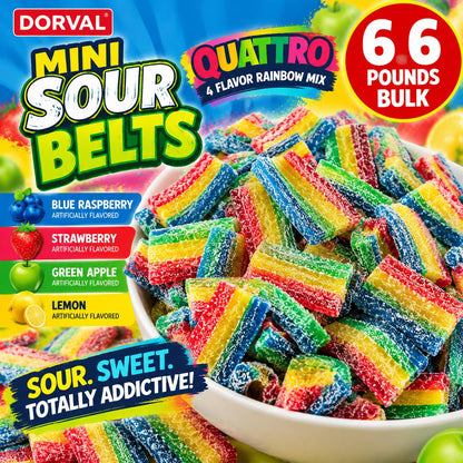 Dorval Mini Sour Belts, Quattro 4-Flavor Rainbow Mix Sugar-Based Chewy Candy Snacks, 6.6 lbs Bulk Sour Strips