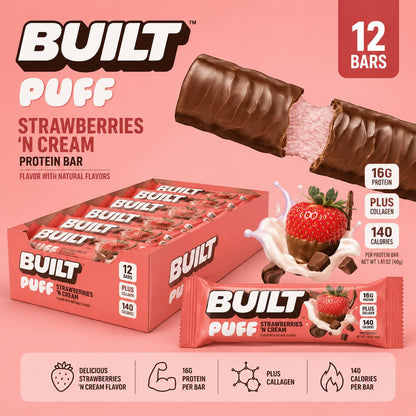 Built Strawberry Cream Puff Protein Bars - 1.41oz, 12-Count, Chocolate-Containing Protein-Rich Snack Bars, Contains Chocolate