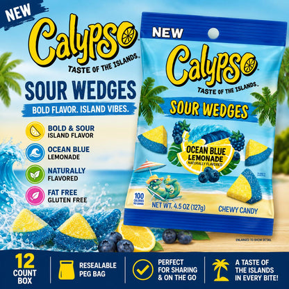 Calypso Sour Wedges Ocean Blue Lemonade Gummies, 4.5oz Bagged Chewy Candy, 12-Count Peg Bags, Room Temp-Stable Sour Candy