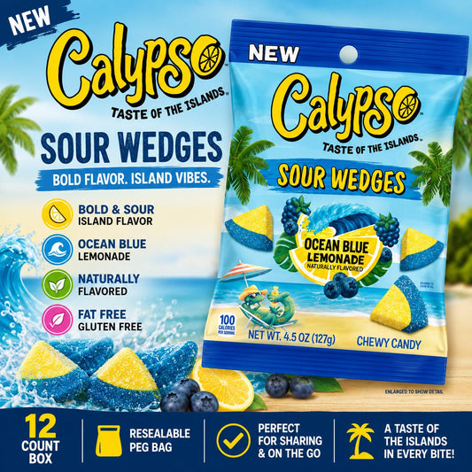 Calypso Sour Wedges Ocean Blue Lemonade Gummies, 4.5oz Bagged Chewy Candy, 12-Count Peg Bags, Room Temp-Stable Sour Candy