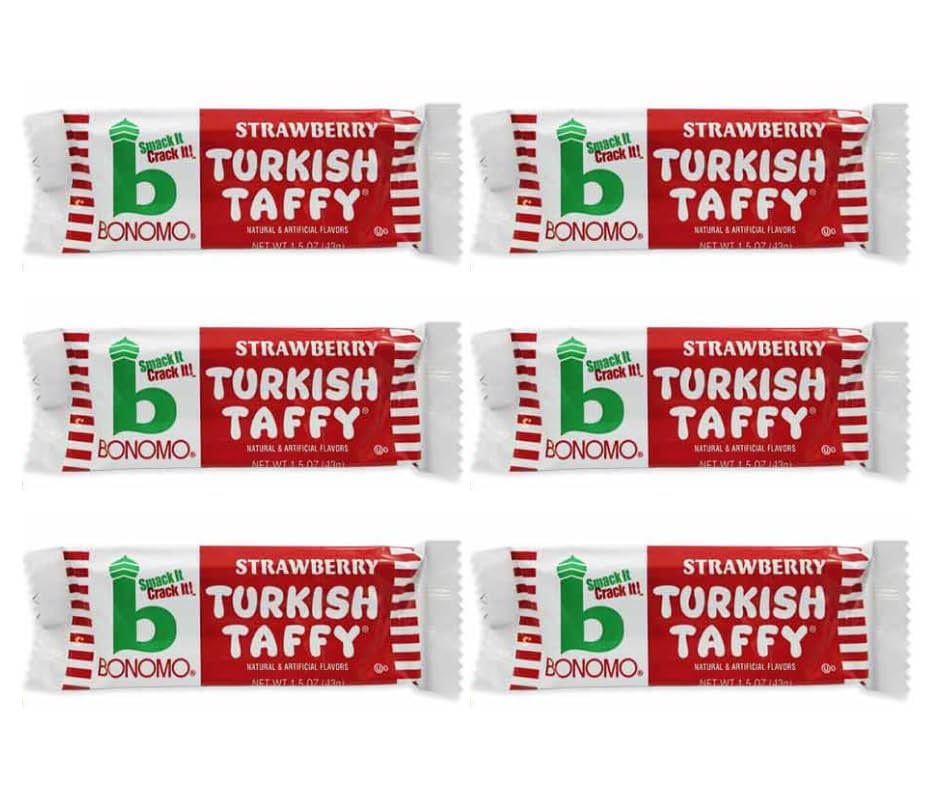 Bonomo Turkish Taffy Strawberry Candy Bars 1.5 oz 24 Count  Classic Chewy Strawberry Taffy | Retro Individually Wrapped Candy Treats