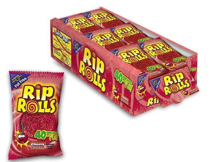 Rip Rolls Sweet-Sour Cherry Flavor Sugar-Based Candy Strips, 1.4oz Chewy Snacks, 24 Count Candies