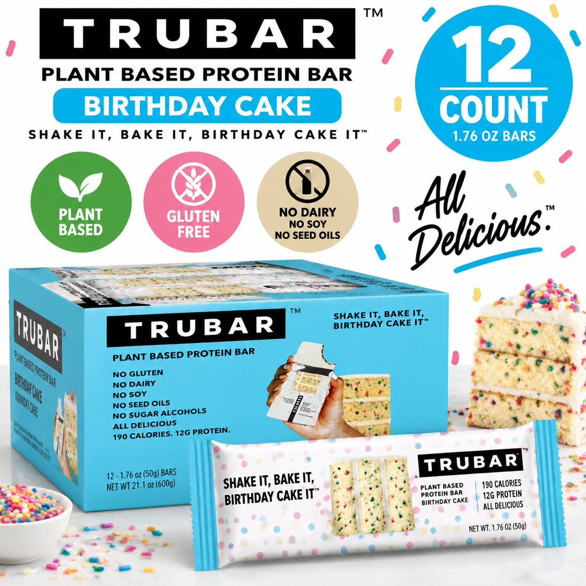 TRUBAR Protein Bar Birthday Cake 1.76 oz 12 Count Birthday Cake Flavored Protein Snack Bars