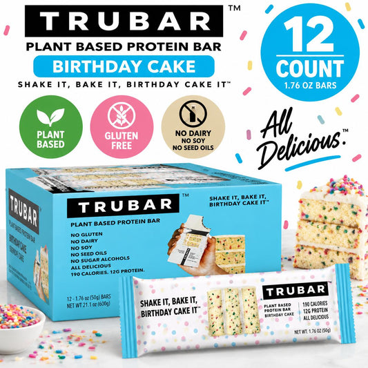 TRUBAR Protein Bar Birthday Cake 1.76 oz 12 Count Birthday Cake Flavored Protein Snack Bars