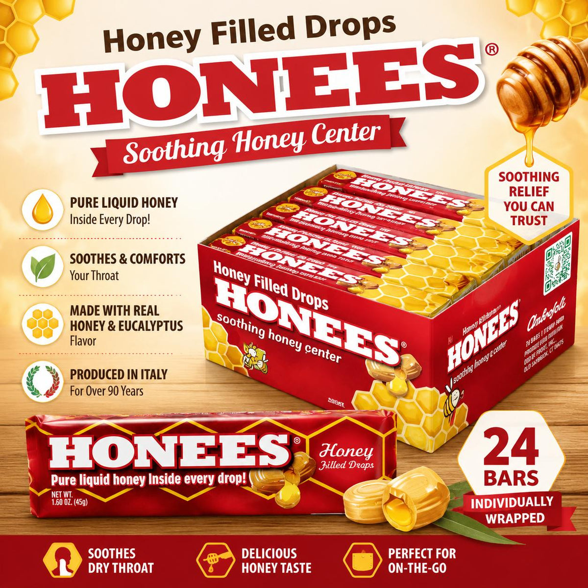 Honees Honey Eucalyptus Cough Drops - 24 Count Sugar-Base Herbal Flavor Candy, Individually Wrapped Single Drops for Throat Relief, Box Pack Soothing Treat
