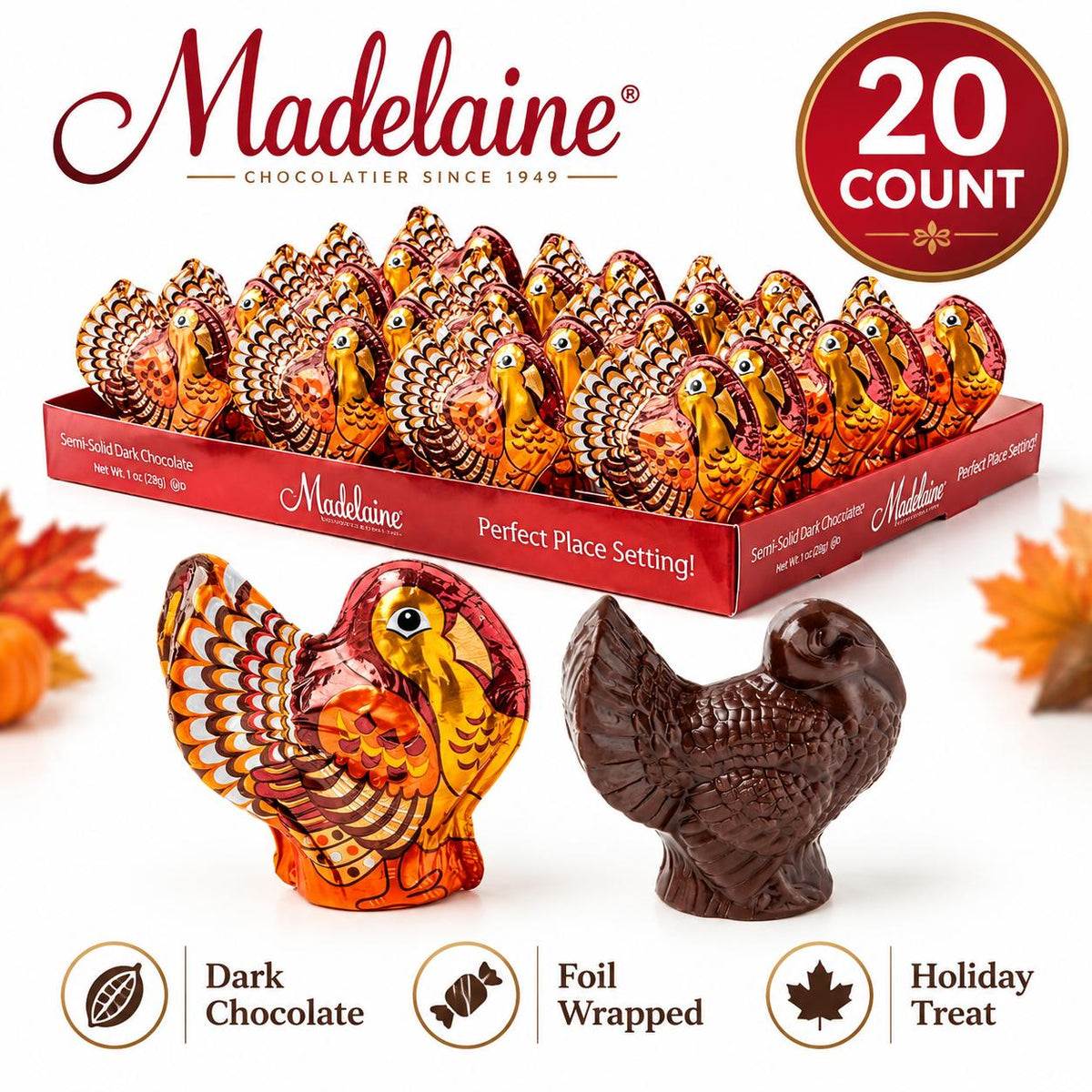 Madelaine Dark Chocolate Foil-Wrapped Turkey-Shape Candies, 1oz Each, 20-Count Tray Pack for Thanksgiving Celebrations