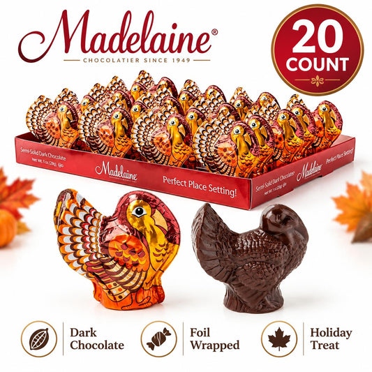 Madelaine Dark Chocolate Foil-Wrapped Turkey-Shape Candies, 1oz Each, 20-Count Tray Pack for Thanksgiving Celebrations