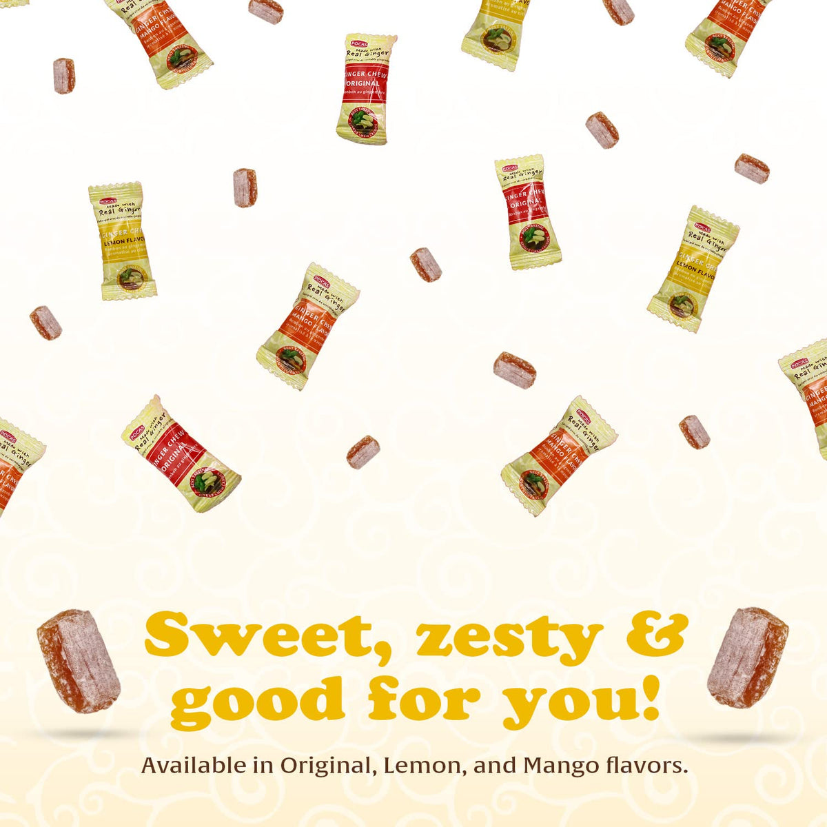 Pocas Sugar-Sweetened Ginger Chews, Lemon Flavor Candy, 3 oz, 24-Count Box Chewy Treat