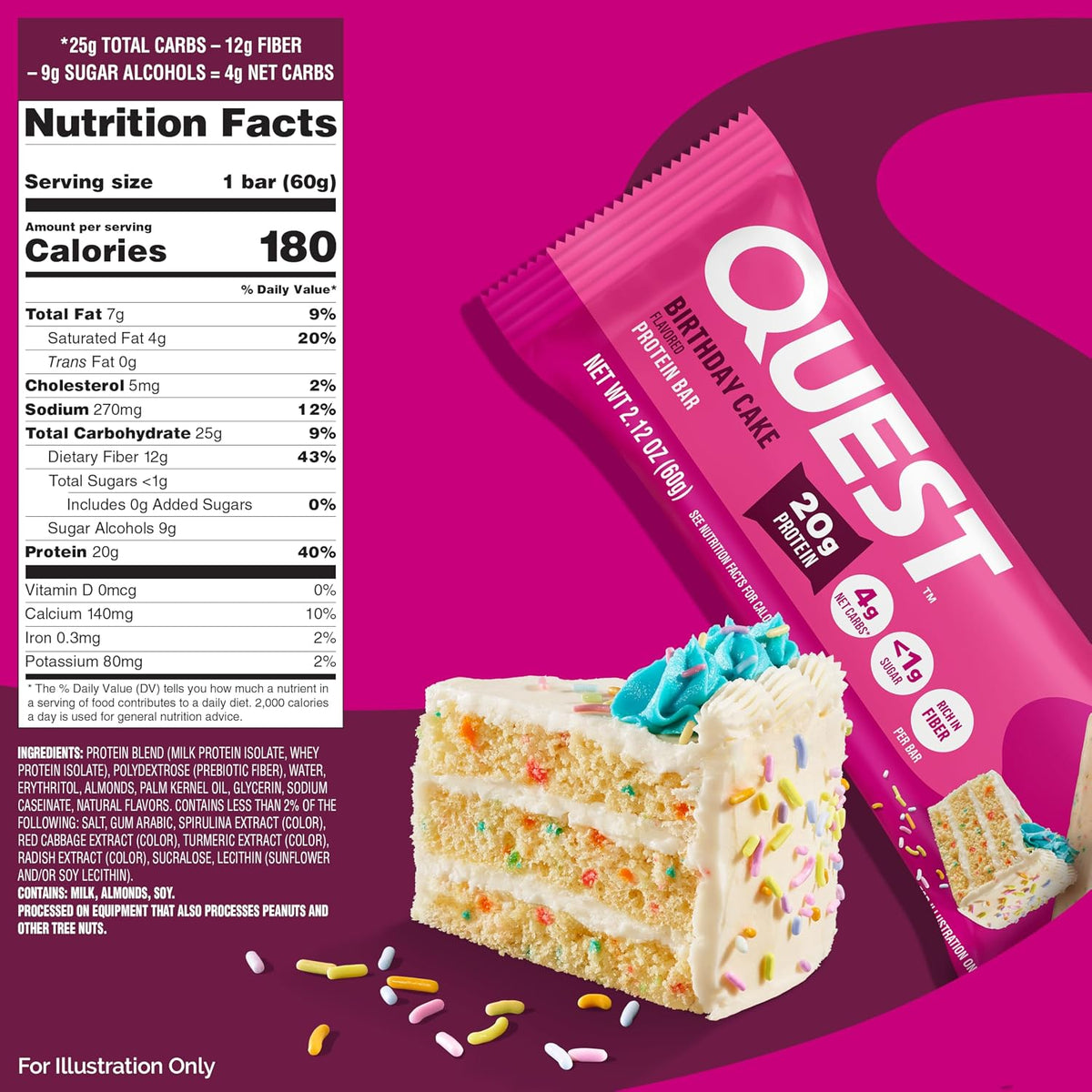 Quest Protein Bar - Sweet Birthday Cake Flavor, Contains Chocolate, 2.12 oz Each, 12-Count Box, High Protein Dessert-Inspired Snack Bars