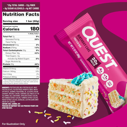 Quest Protein Bar - Sweet Birthday Cake Flavor, Contains Chocolate, 2.12 oz Each, 12-Count Box, High Protein Dessert-Inspired Snack Bars