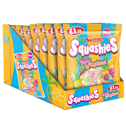 Swizzels Drumstick Squashies Tropical Fruit 100g 12 Count | Soft Chewy Gummy Candy | UK Import Fruit Flavored Sweets