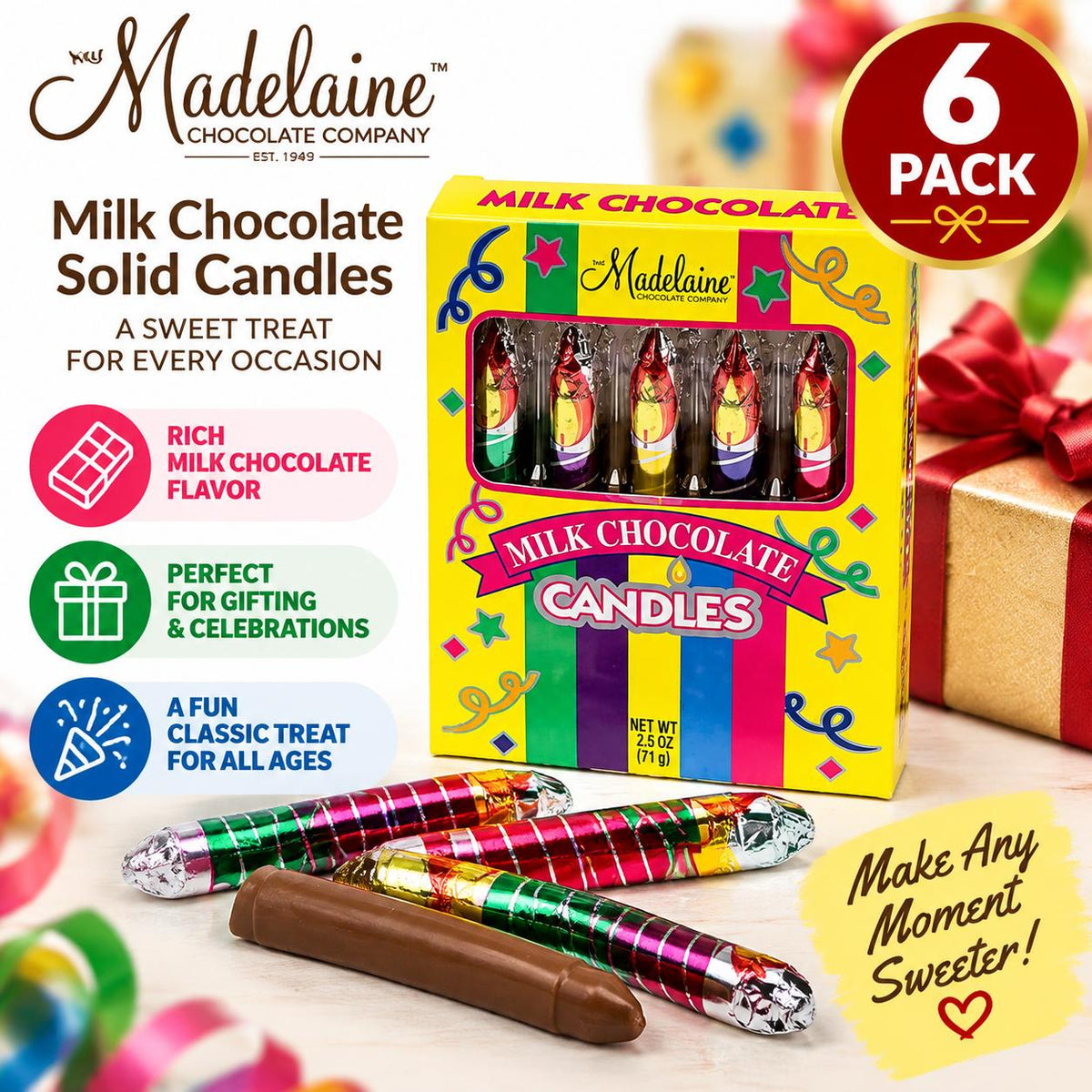 Madelaine Room Temp Milk Chocolate Solid Candles, 5-Count Box (6 Pack), Party Favor Chocolate Treat