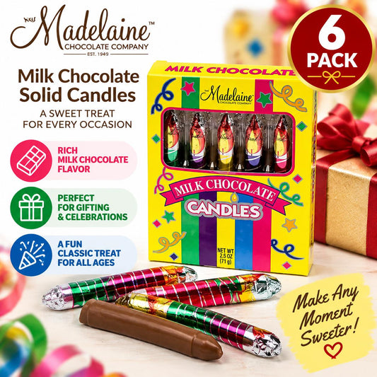 Madelaine Room Temp Milk Chocolate Solid Candles, 5-Count Box (6 Pack), Party Favor Chocolate Treat