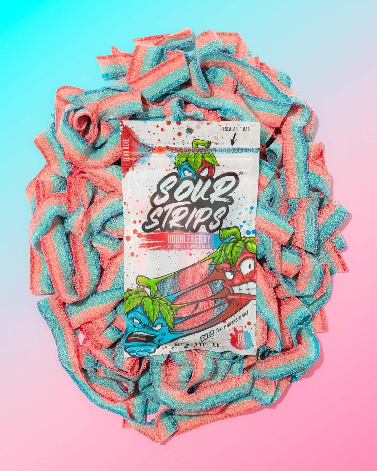 Sour Strips Doubleberry Sour Candy Belts 3.4 oz 12 Count  Sweet & Sour Chewy Candy Strips | Resealable Peg Bags for Snacking & Sharing