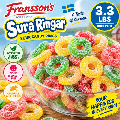 Franssons Swedish Sura Ringar Sour Candy Rings, 3.3 lbs Bulk Pack, Multi-Color Gummy Snacks