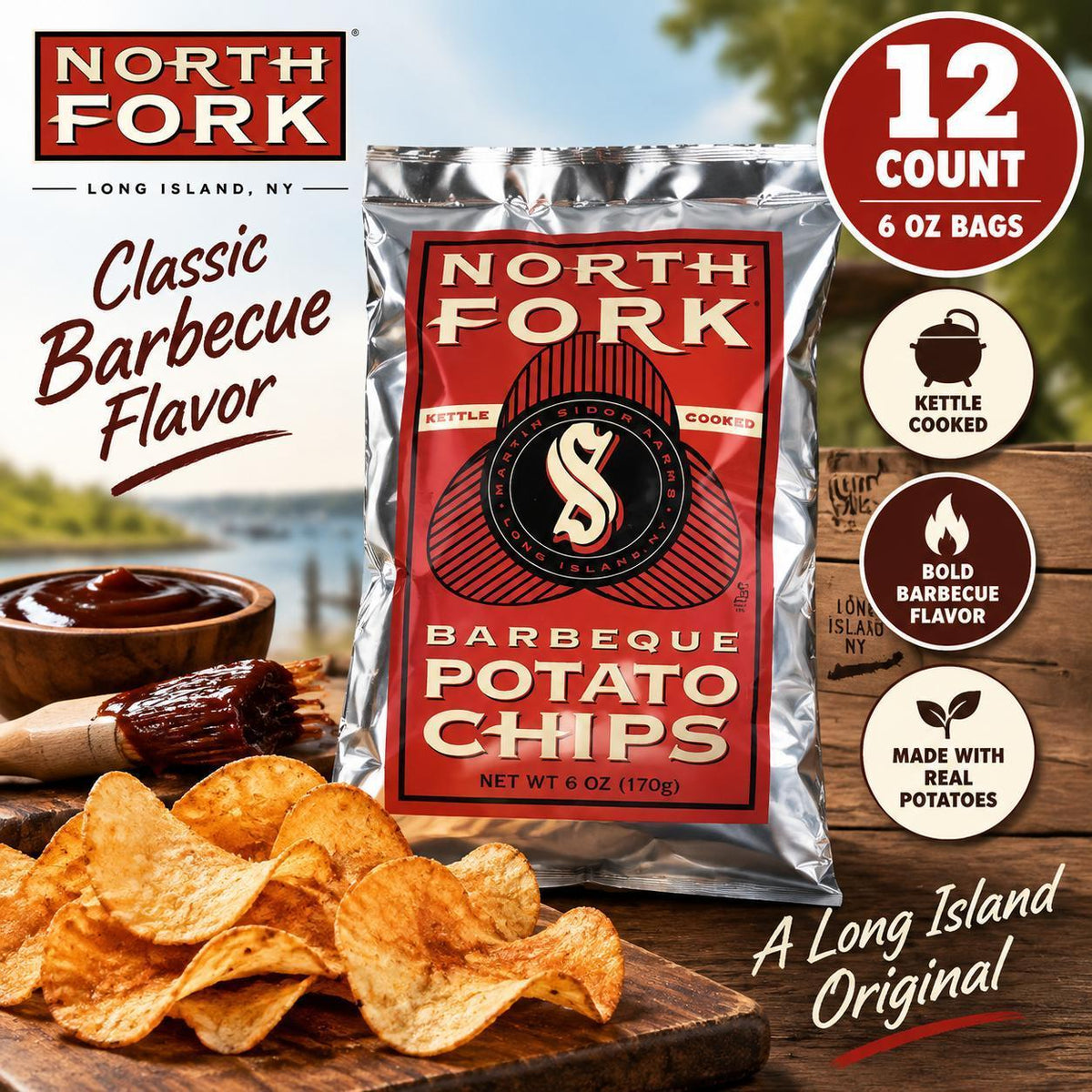 North Fork Kettle-Cooked Potato Chips, Barbecue Flavor, 6 oz, 12 Count - Crispy, Crunchy, Savory Gourmet Potato-Based BBQ Snack Chips