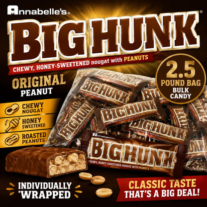 Annabelle Big Hunk Peanut Candies - 2.5 lb Bulk Bag Soft Sweet Food and Snacks, Chewy Nougat & Roasted Peanuts Bars, Individually Wrapped Retro Snacks Treats