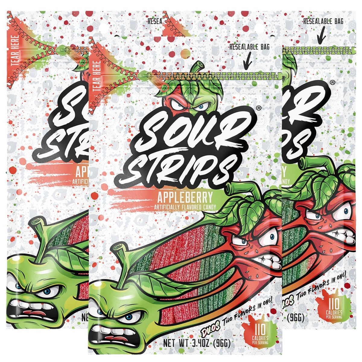 Sour Strips Appleberry Sour Candy Belts 3.4 oz 12 Count  Sweet & Sour Chewy Candy Strips | Resealable Peg Bags for Snacking & Sharing