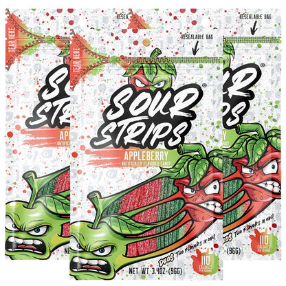 Sour Strips Appleberry Sour Candy Belts 3.4 oz 12 Count  Sweet & Sour Chewy Candy Strips | Resealable Peg Bags for Snacking & Sharing