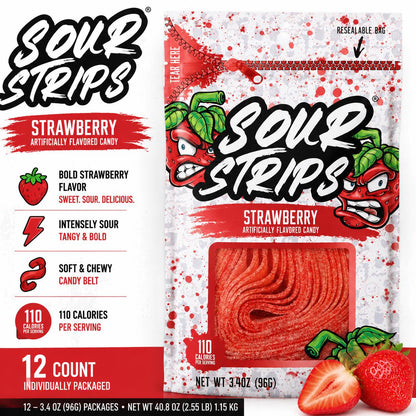 Sour Strips Strawberry Red Sour Candy Belt 3.4 oz 12 Count Peg Bags Sweet and Sour Candy