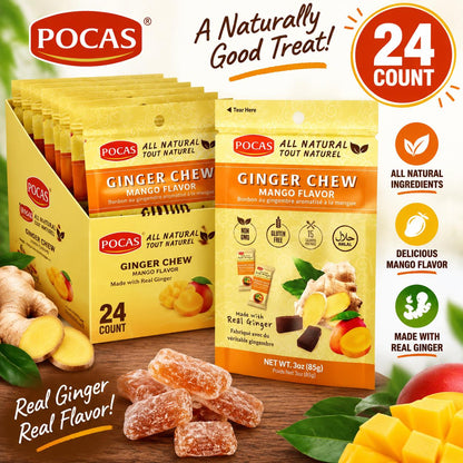 Pocas Mango Flavor Chewy Soft Sweet Ginger Candies, 3 oz, 24-Count Snack Boxes, Fruity Ginger Chew Treats