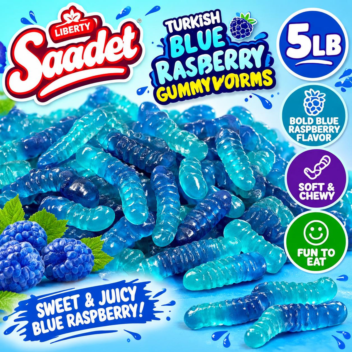 Liberty Saadet Turkish Blue Raspberry Gummy Worms, 5 lb Bulk Bag Chewy Soft Sweet Fruity Candy Snack for Candies Lovers