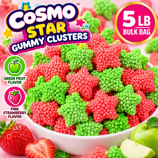 Cosmo Halloween Star Gummy Clusters Green Fruit and Pink Strawberry 5 lb Bulk Bag Fruity Gummy Candy