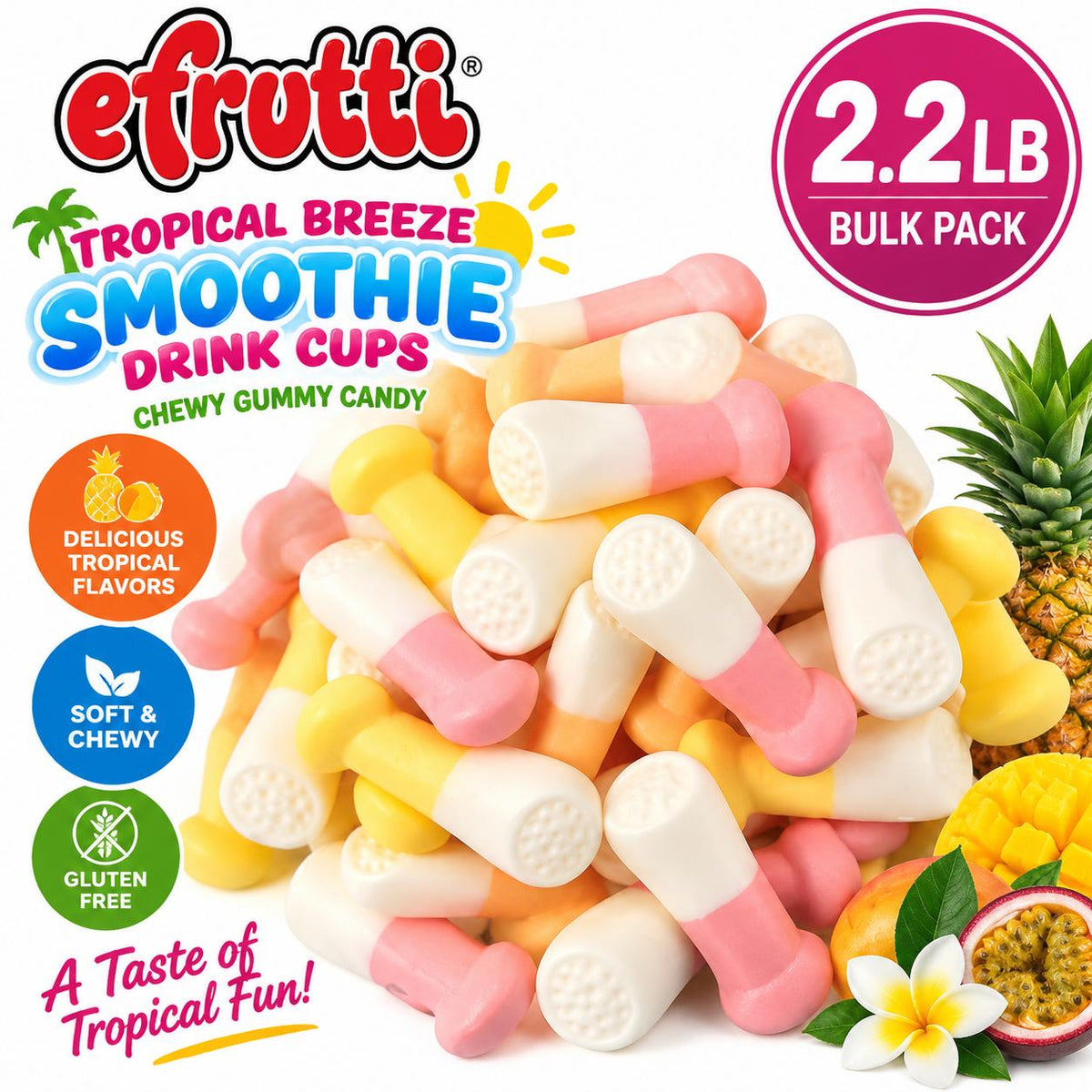 Efrutti Tropical Breeze Fruit-Chewy Gummies, 2.2lb Bag of Candy-Flavored Soft Chewy Snack in Bulk Smoothie Drink Cups