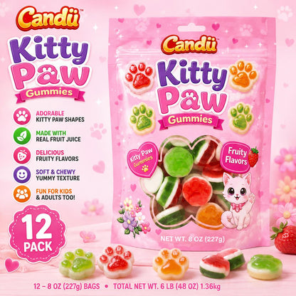 Candu Kitty Paw Fruit Gummy Candies - 12 Packs of 8oz Soft, Chewy Assorted Fruity Snacks