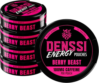 Denssi Energy Caffeine Pouches Berry Beast Flavor 15 Count Tin 8 Pack Sweet Candy Snack