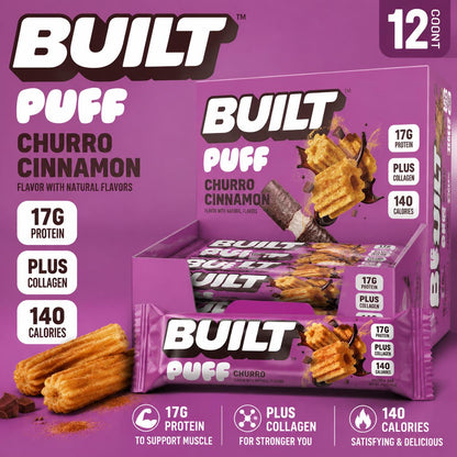 ThayerBUILT Puff Protein Bar, Churro Flavor, 1.41oz, 12 Bars, Box Packaging, Individually Wrapped Crispy Texture On-the-Go Snack