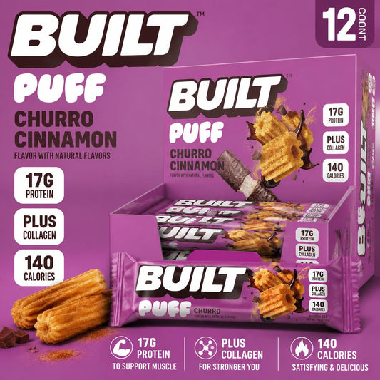 ThayerBUILT Puff Protein Bar, Churro Flavor, 1.41oz, 12 Bars, Box Packaging, Individually Wrapped Crispy Texture On-the-Go Snack