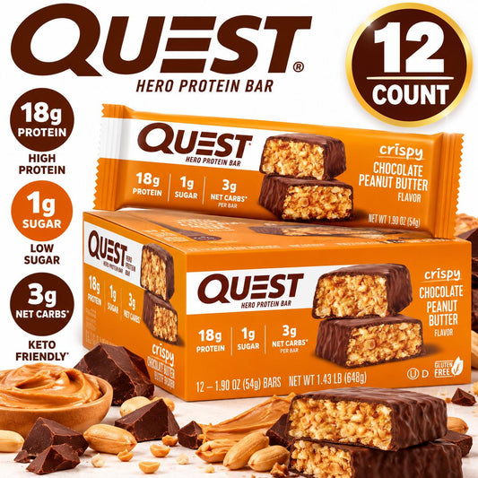 Quest CRISPY Protein Bar Chocolate Peanut Butter 1.9 oz 12 Count Crispy Protein Snack Bars