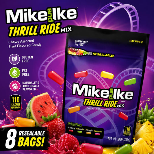 Mike and Ike Limited Edition Thrill Ride Bold Fruit Mix Chewy Fruit Candies, 10 oz Resealable Sharing Size Bags (8 Count) - Candy in Bulk, Sugar-Based Sweet Snack, Soft Texture