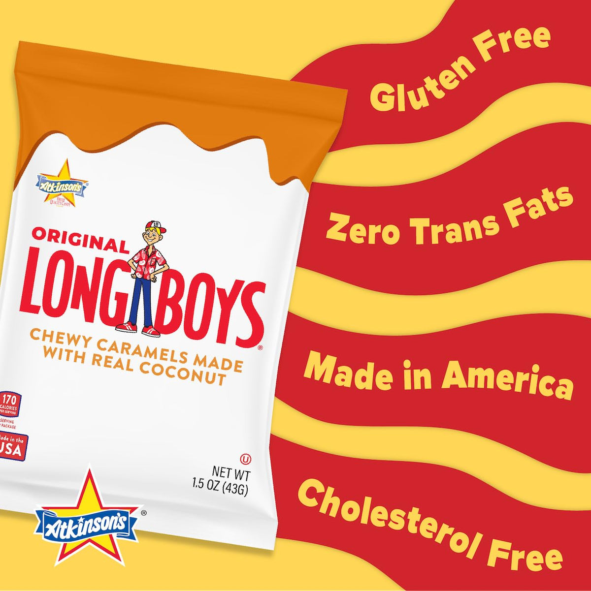 Atkinson's Long Boys Coconut Candy Bars - 1.5 oz, 24 Count Individually Wrapped Retro Chewy Candies, Sweet Snack Treats