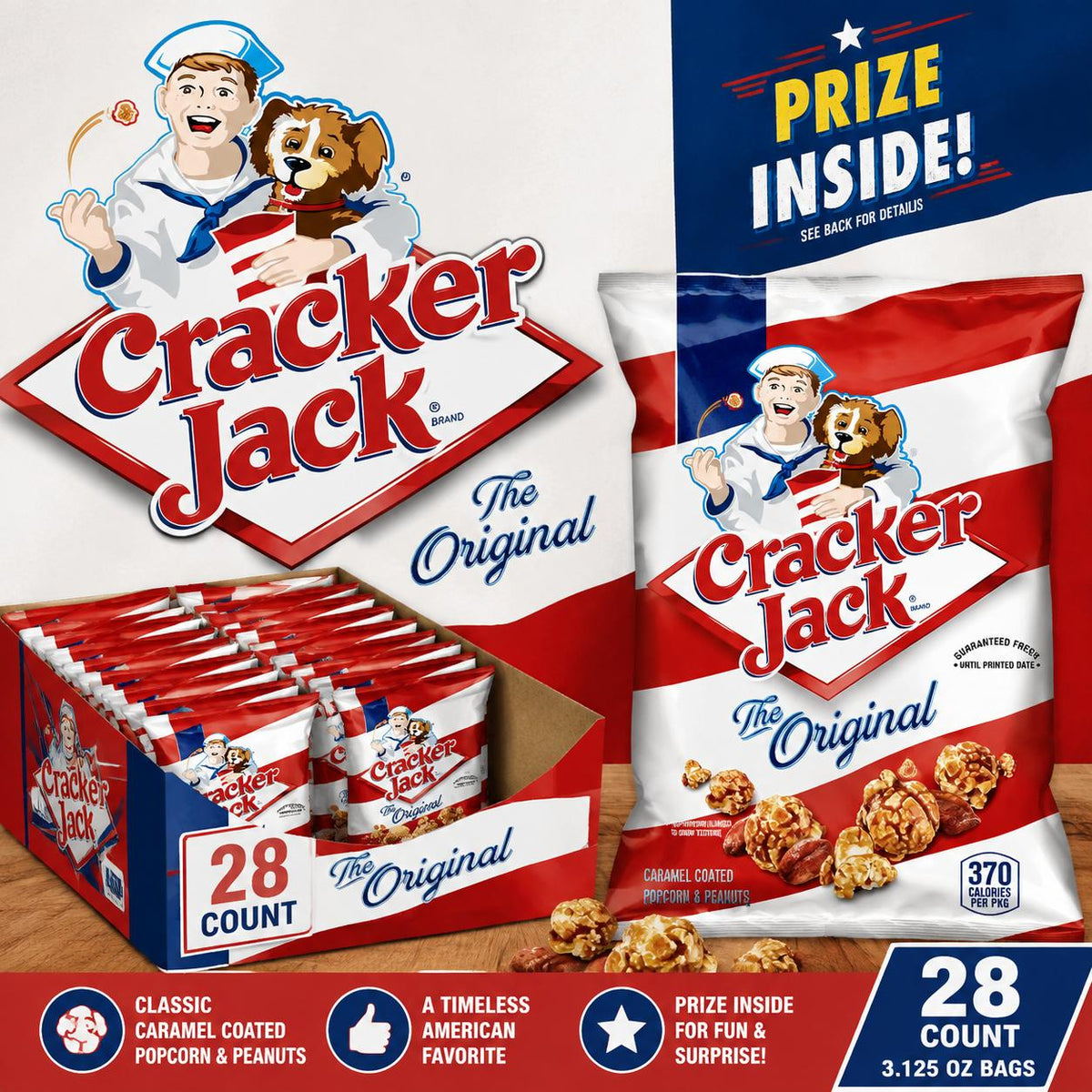 Cracker Jack Original Caramel Popcorn and Peanuts 3.125 oz 28 Count Classic Snack Packs