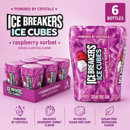 Ice Breakers Cubes Raspberry Sorbet Gum 3.24 oz 6 Count Bottle Pack Sugar Free Chewing Gum