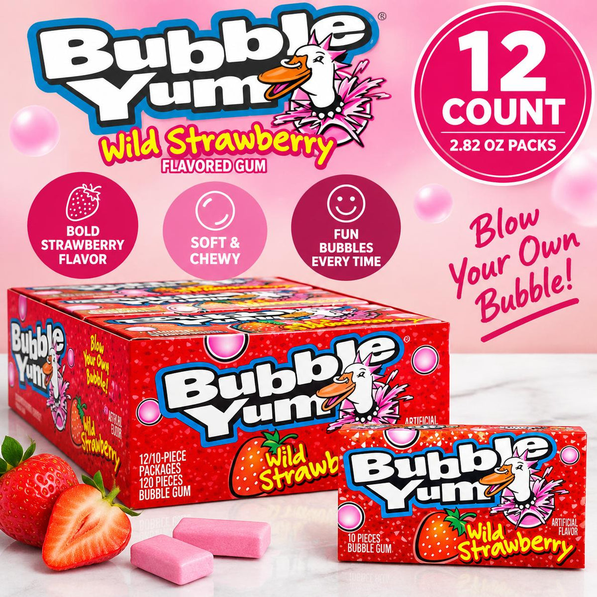Bubble Yum Wild Strawberry Bubble Gum, 12-Count 2.82oz Packs, Food Snacks