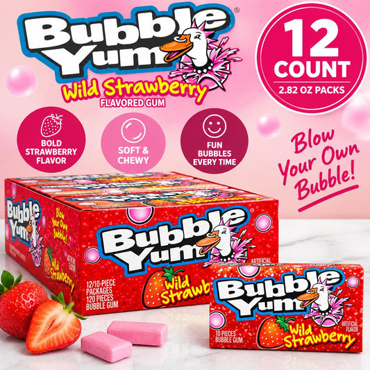 Bubble Yum Wild Strawberry Bubble Gum, 12-Count 2.82oz Packs, Food Snacks
