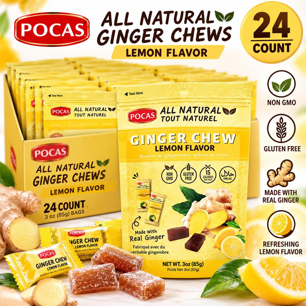 Pocas Sugar-Sweetened Ginger Chews, Lemon Flavor Candy, 3 oz, 24-Count Box Chewy Treat