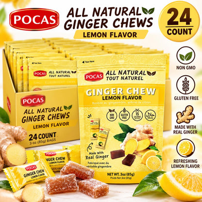 Pocas Sugar-Sweetened Ginger Chews, Lemon Flavor Candy, 3 oz, 24-Count Box Chewy Treat