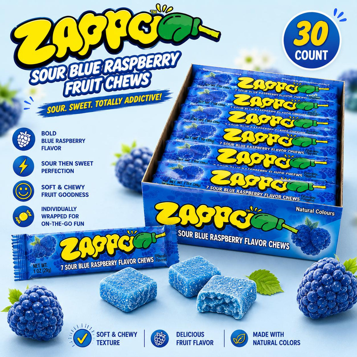 Zappo Sour Blue Raspberry Flavor Soft Sweet Fruit Chews Candies, 1 oz Individually Wrapped Snack Bars, 30 Count Tangy Party Treats