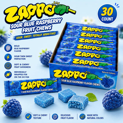 Zappo Sour Blue Raspberry Flavor Soft Sweet Fruit Chews Candies, 1 oz Individually Wrapped Snack Bars, 30 Count Tangy Party Treats